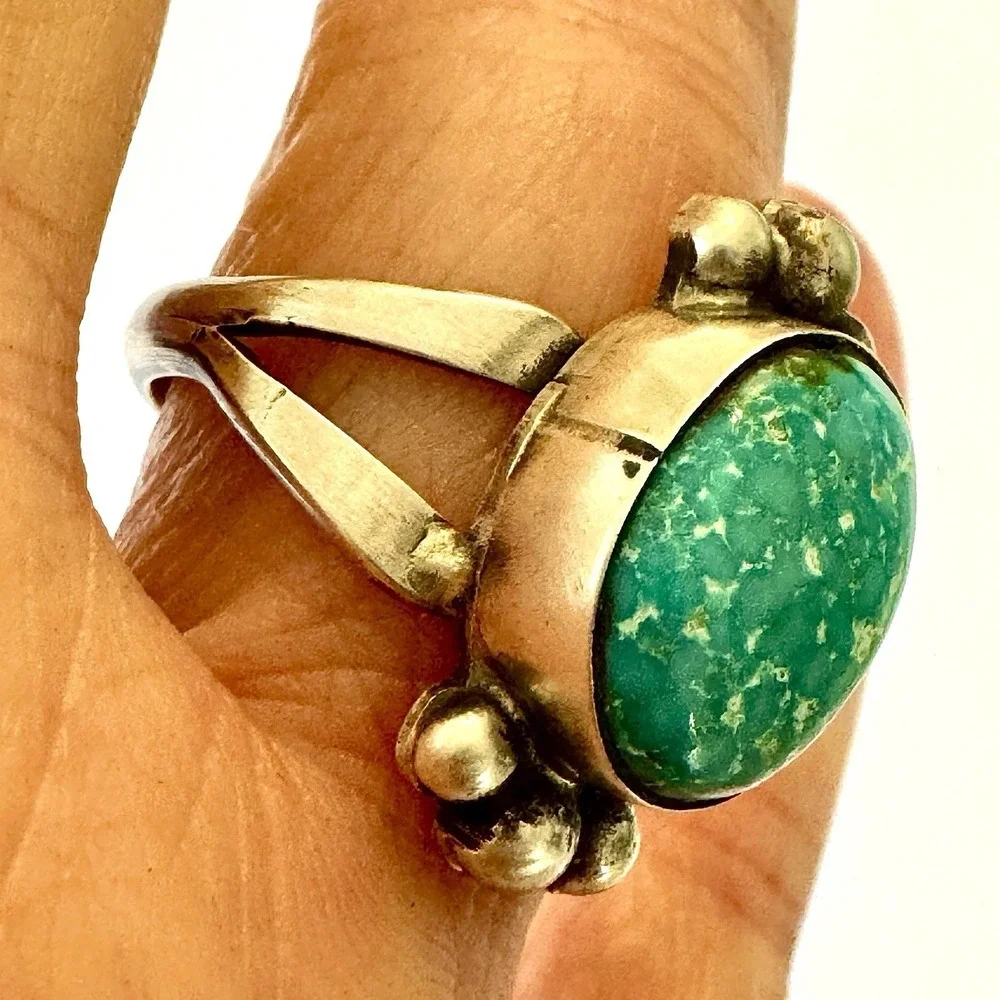 Modern Turquoise Navajo Sonoran Gold Ring Sz 8 Signed Martinez Antiqued Sterling